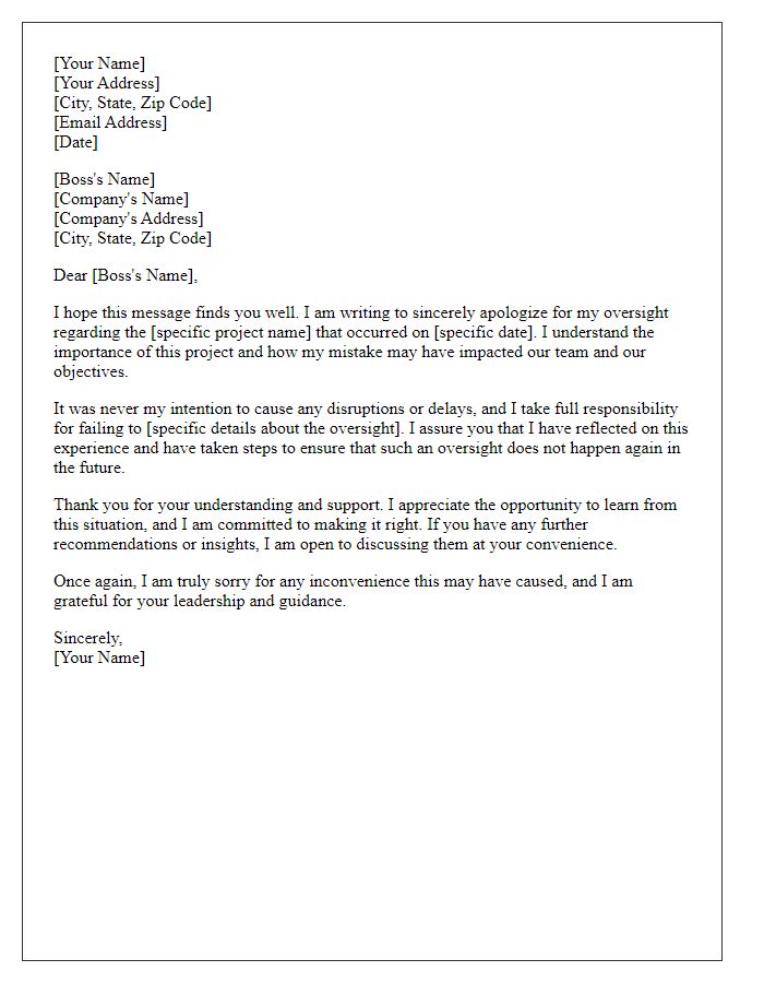 Letter template of heartfelt apology to a boss for a project oversight