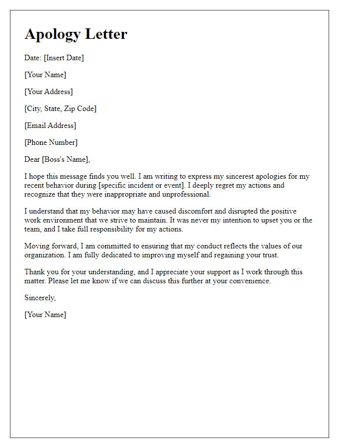 Letter template of regretful apology to a boss for inappropriate behavior