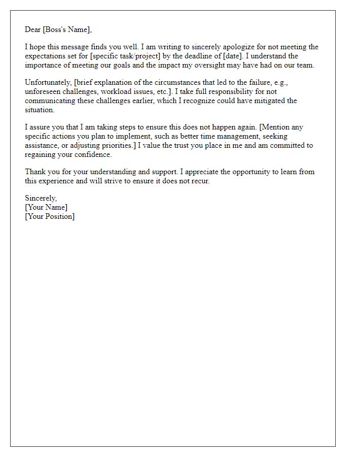 Letter template of respectful apology to a boss for failing to meet expectations