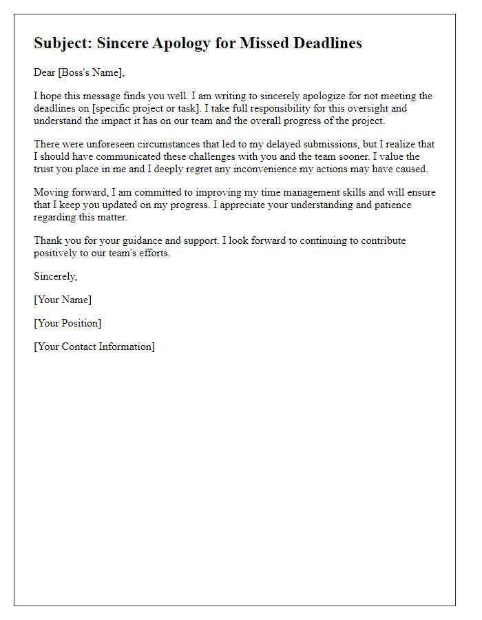 Letter template of sincere apology to a boss for missed deadlines