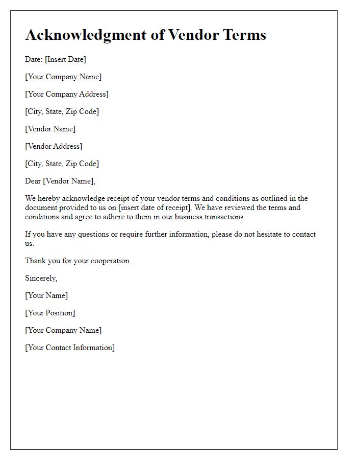 Letter template of Acknowledgment of Vendor Terms