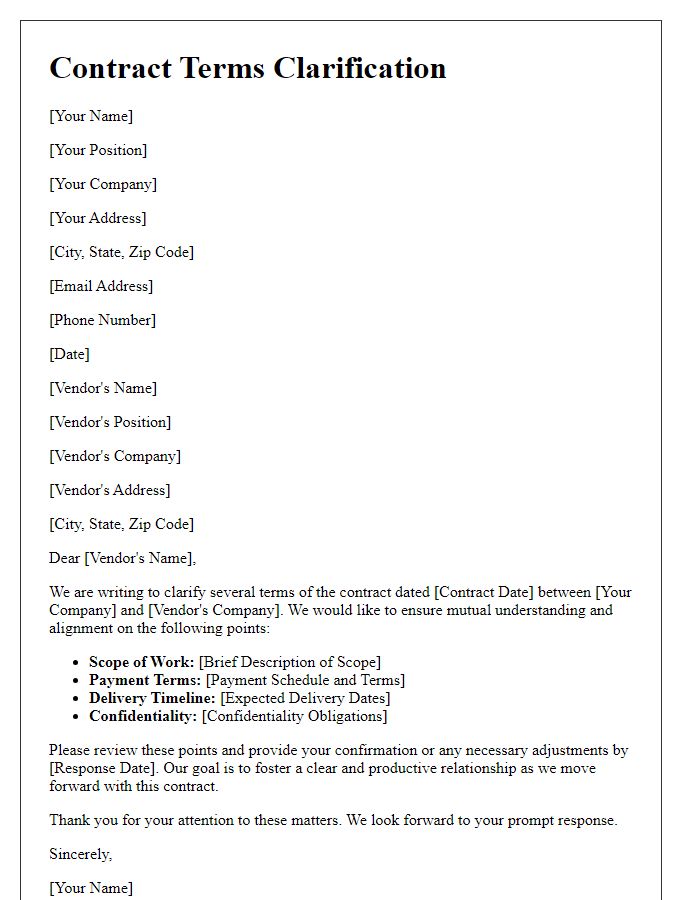 Letter template of Contract Terms Clarification for Tech Vendor