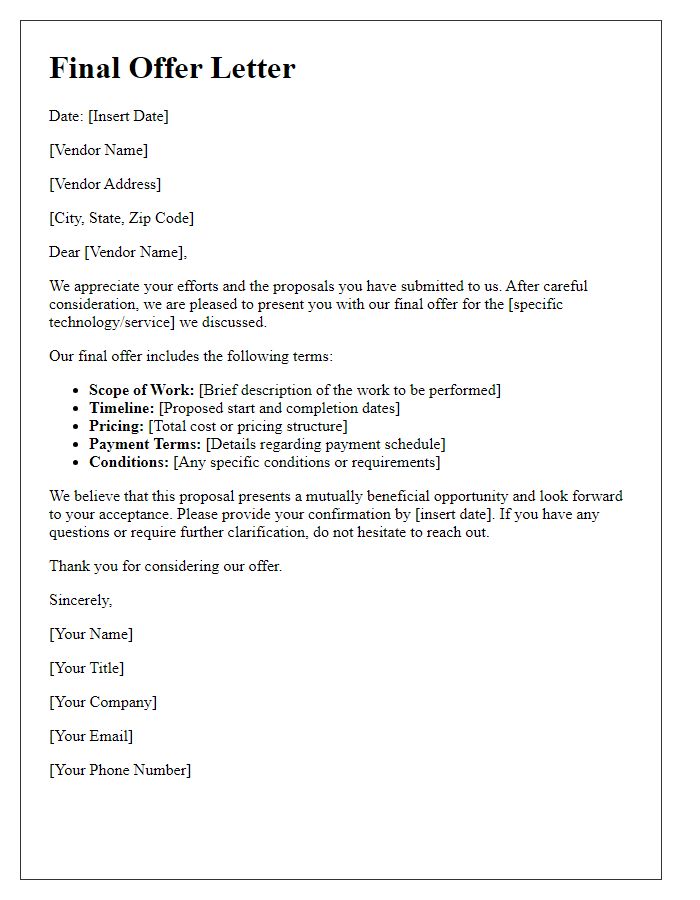 Letter template of Final Offer to Tech Vendor