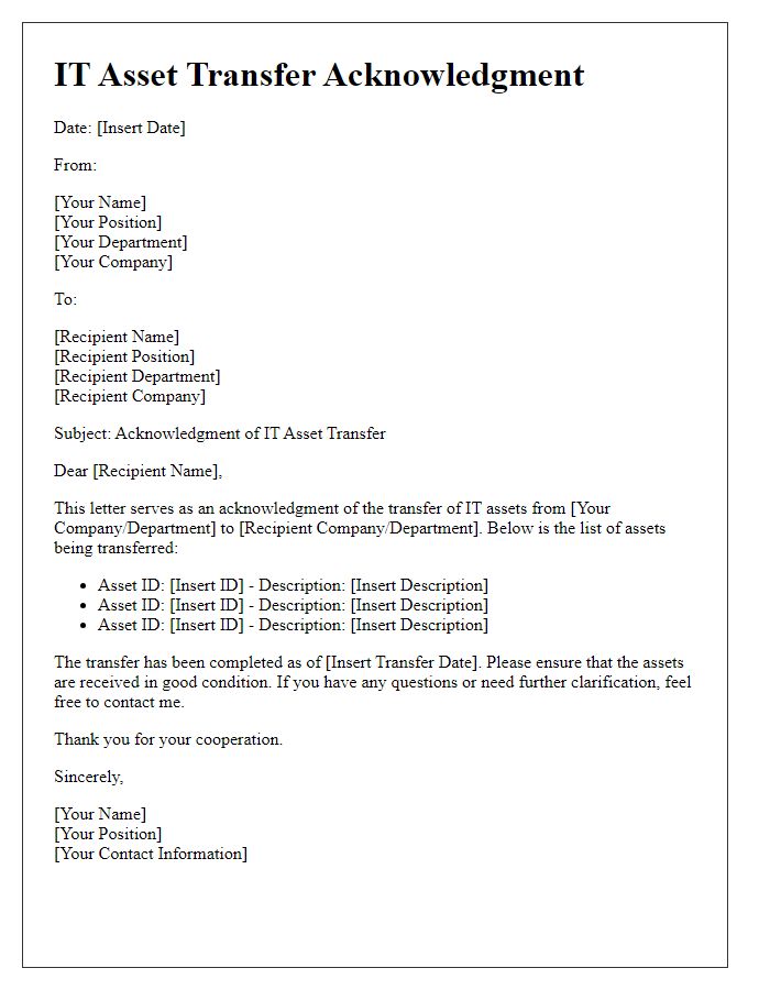 Letter template of IT asset transfer acknowledgment for outgoing assets