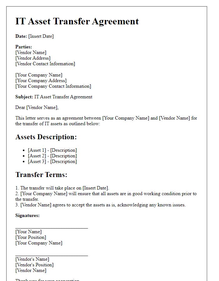 Letter template of IT asset transfer agreement for third-party vendors