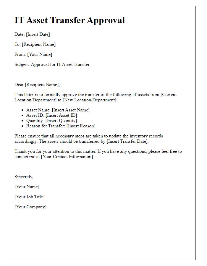 Letter template of IT asset transfer approval for inventory management