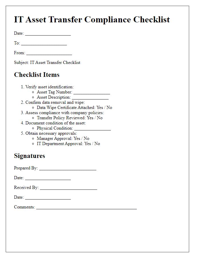 Letter template of IT asset transfer checklist for compliance purposes