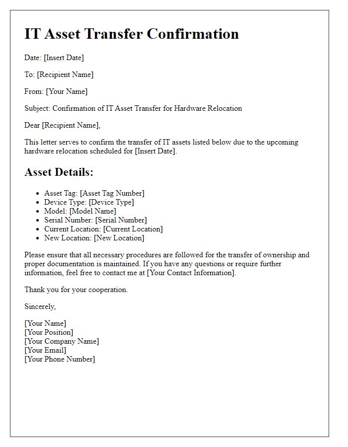 Letter template of IT asset transfer confirmation for hardware relocation