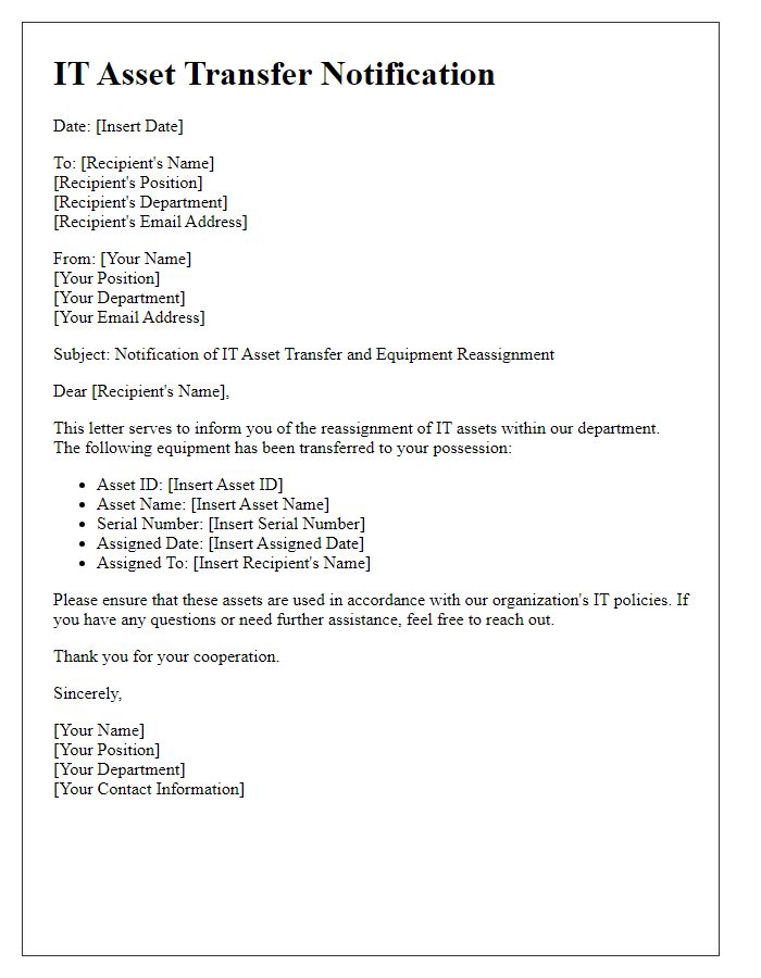 Letter template of IT asset transfer notification for equipment reassignment