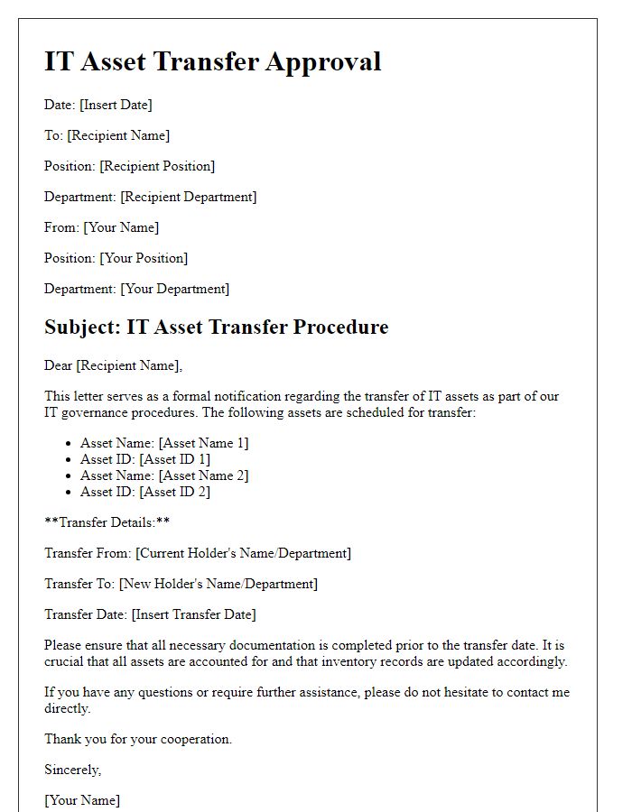 Letter template of IT asset transfer procedure for IT governance