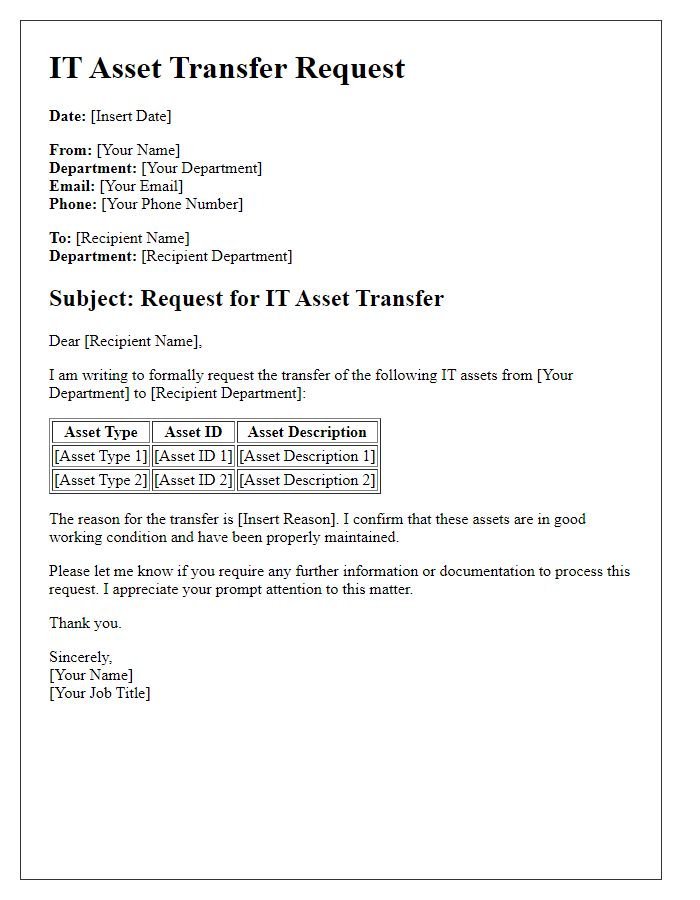 Letter template of IT asset transfer request for inter-departmental use