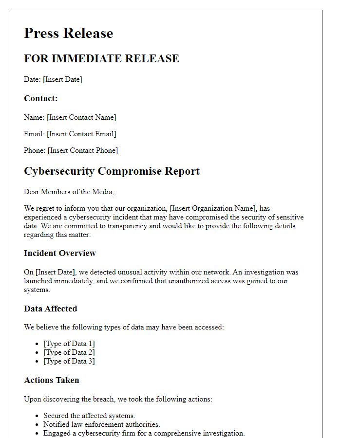 Letter template of cybersecurity compromise report for media