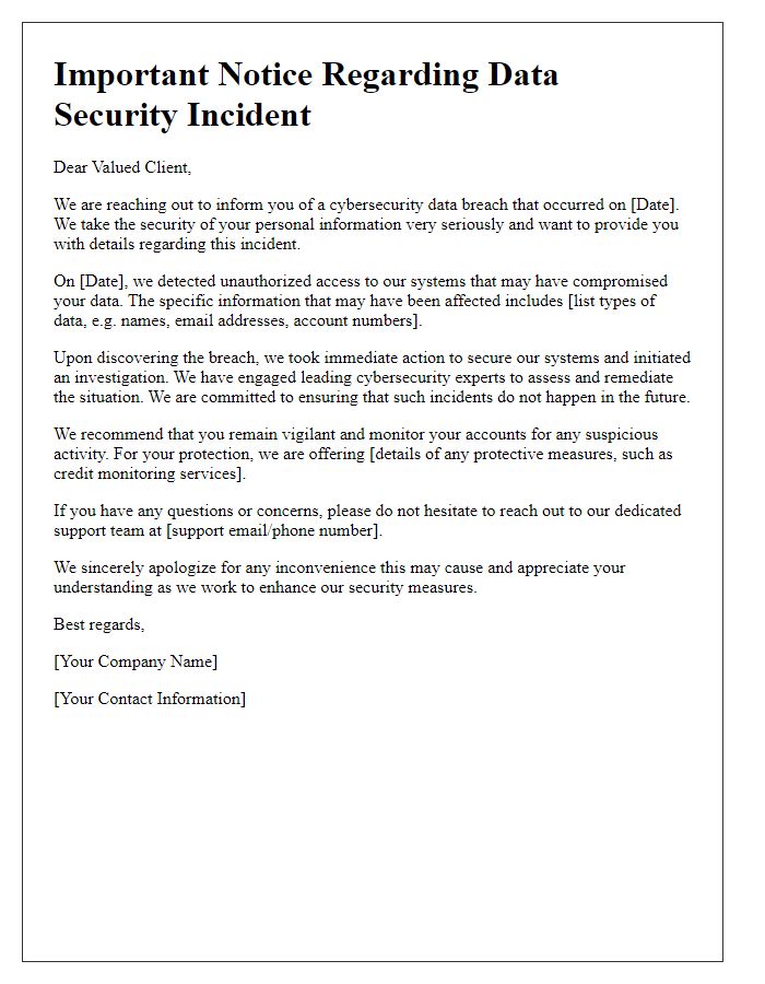 Letter template of cybersecurity data breach explanation for clients