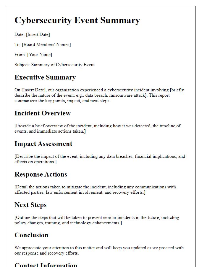 Letter template of cybersecurity event summary for board members