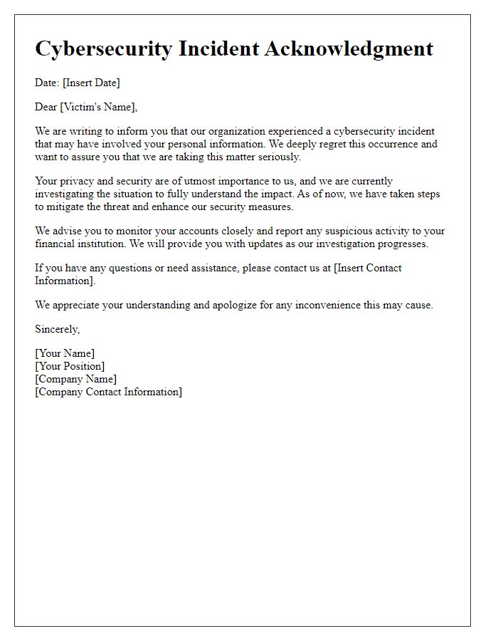 Letter template of cybersecurity incident acknowledgment for victims