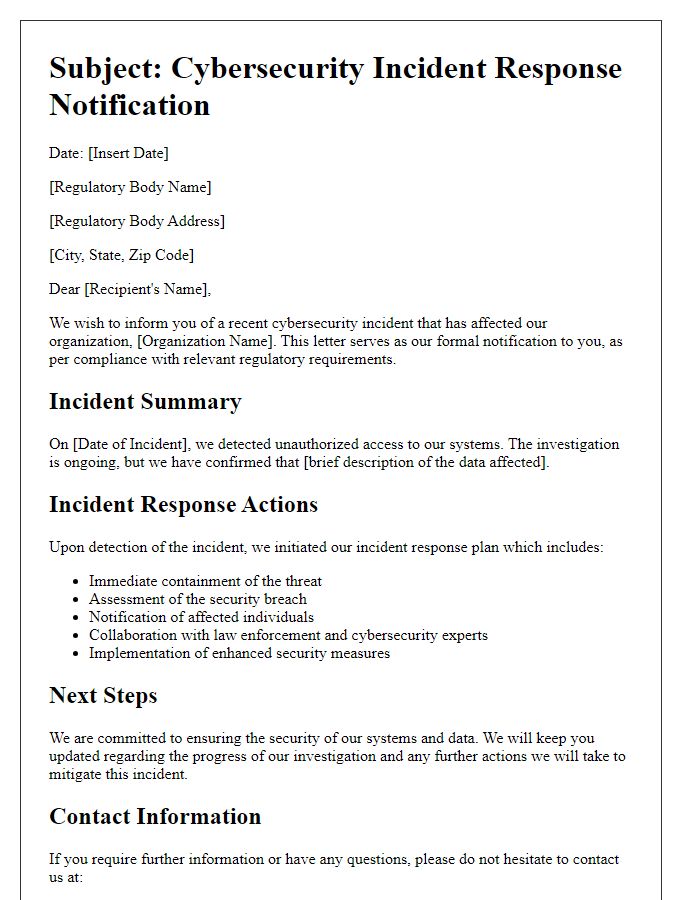 Letter template of cybersecurity incident response for regulatory bodies