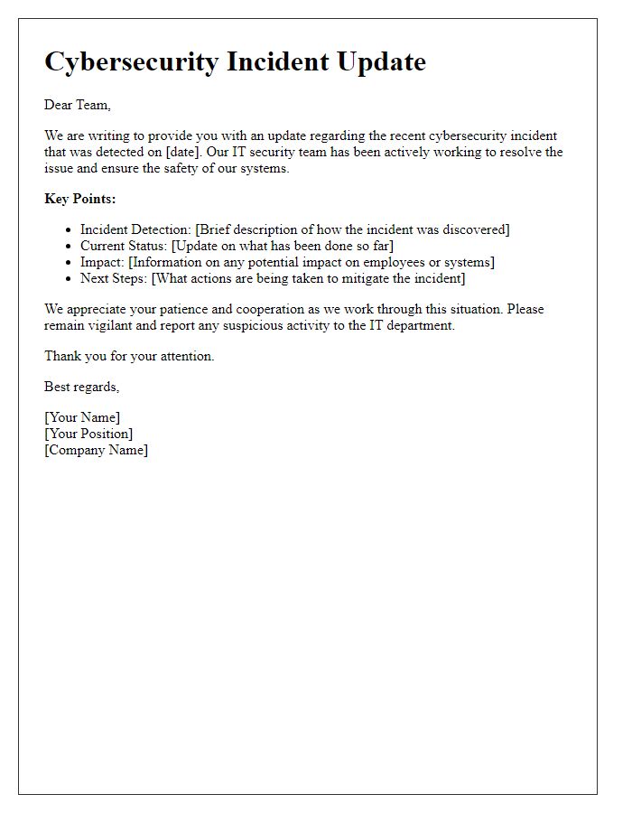 Letter template of cybersecurity incident update for employees