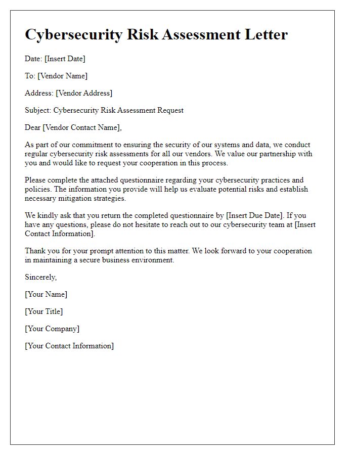 Letter template of cybersecurity risk assessment for vendors