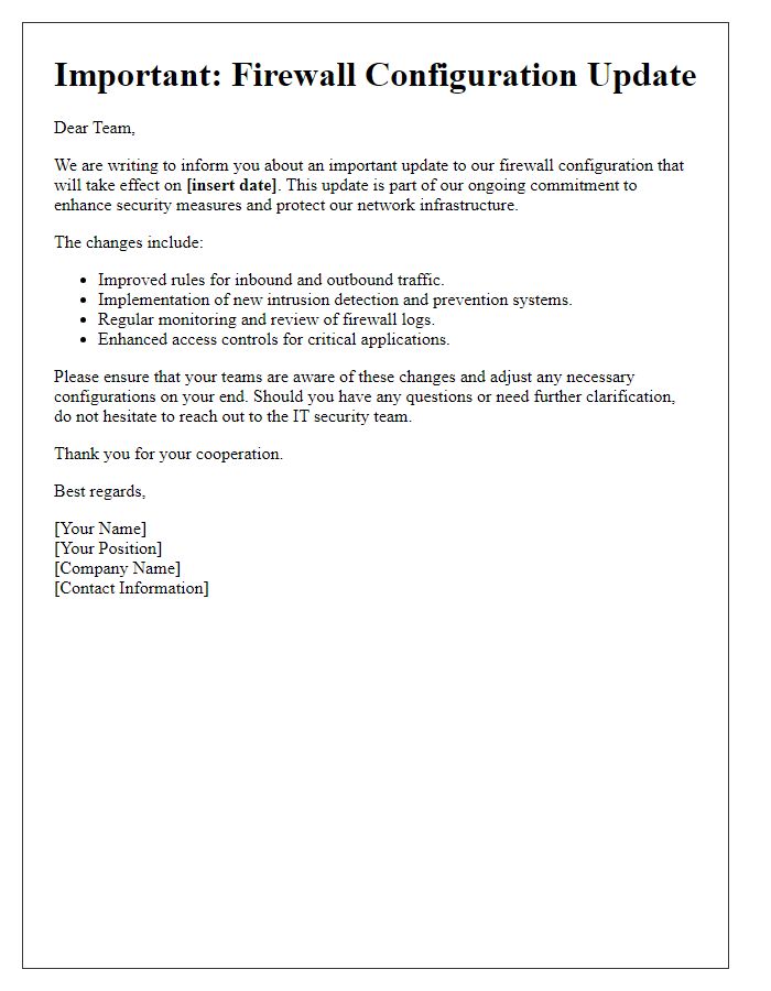 Letter template of firewall configuration update for enhanced security measures.