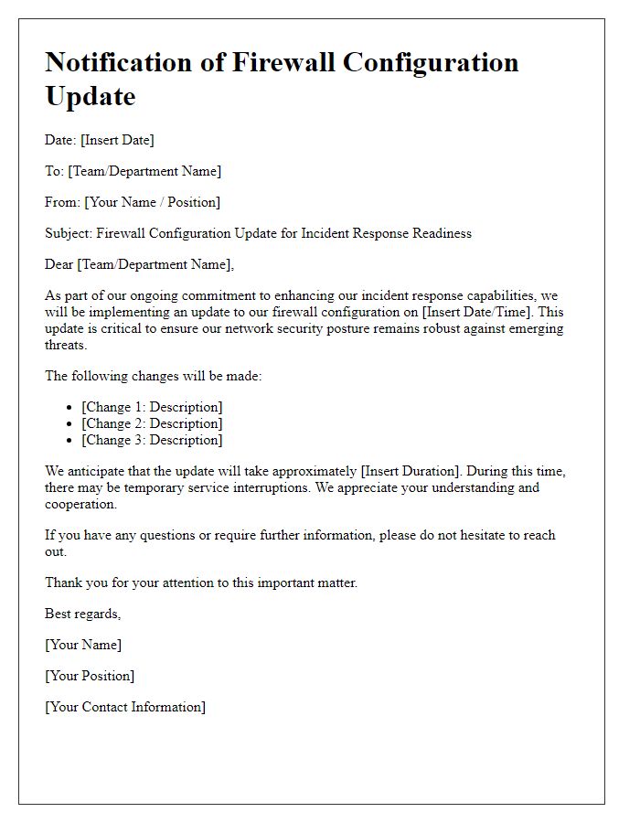 Letter template of firewall configuration update for incident response readiness.