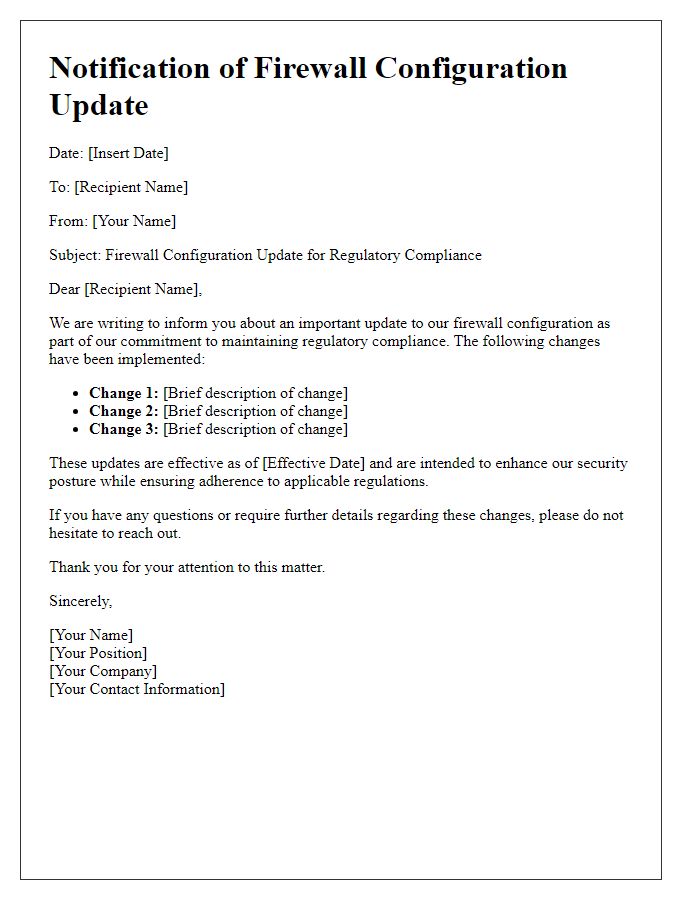 Letter template of firewall configuration update for regulatory compliance.