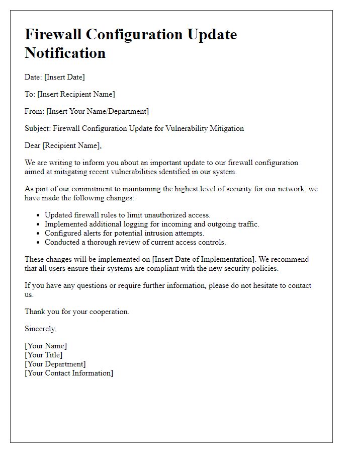 Letter template of firewall configuration update for vulnerability mitigation.