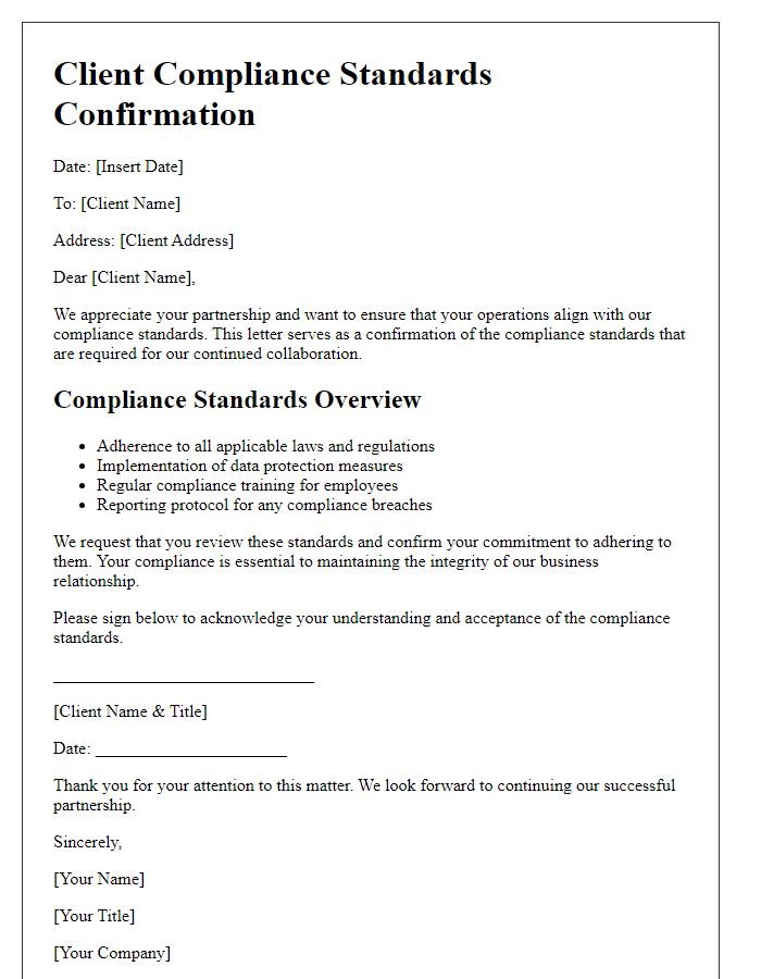 Letter template of client compliance standards