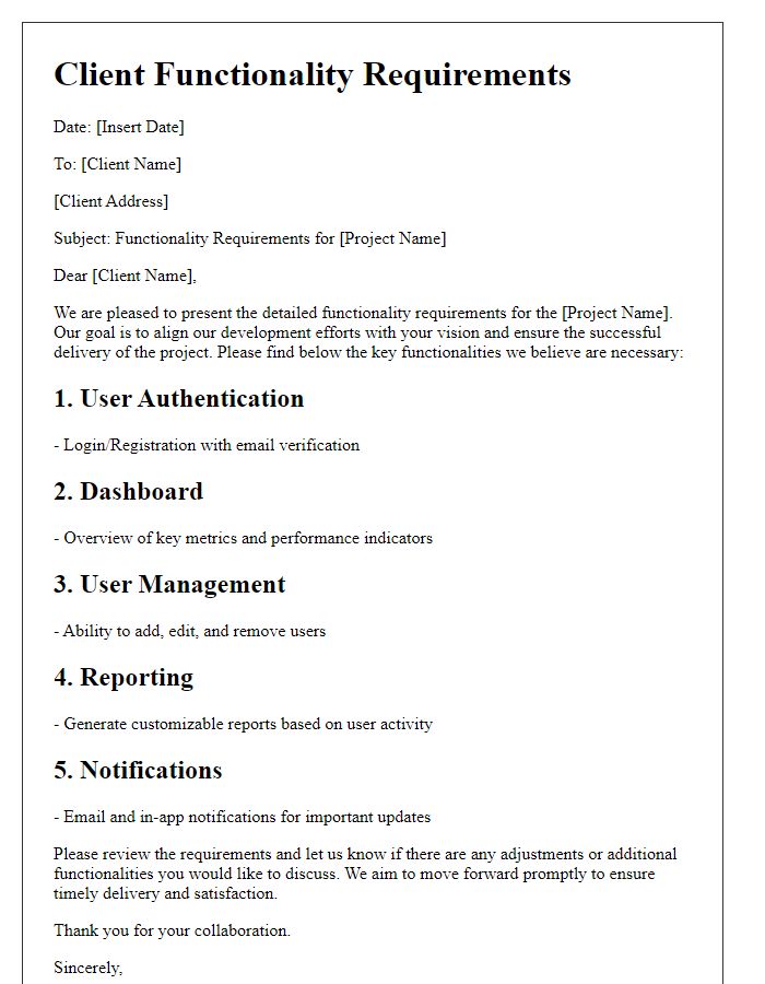 Letter template of client functionality requirements