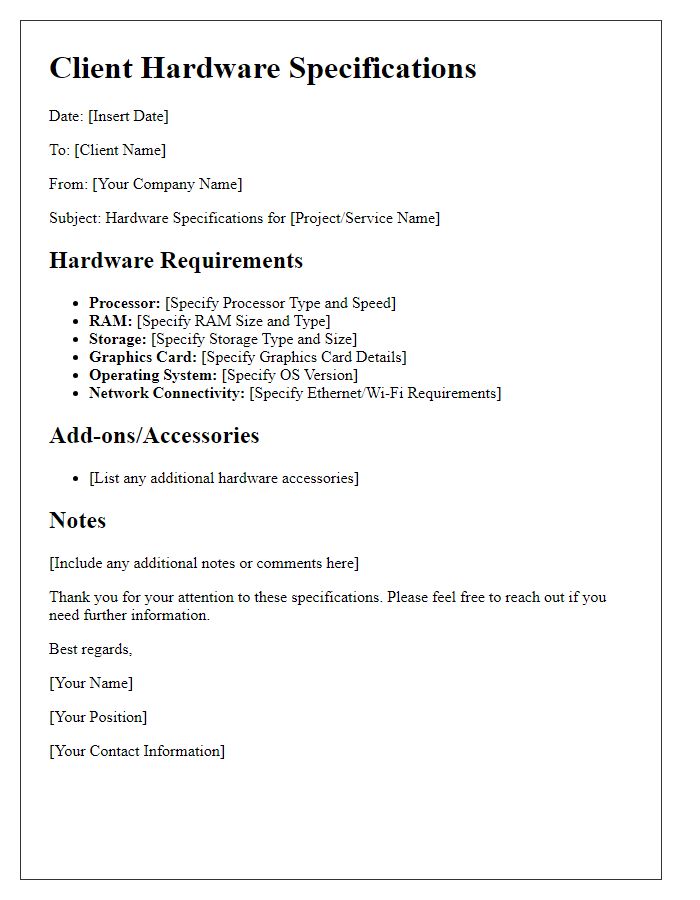 Letter template of client hardware specifications