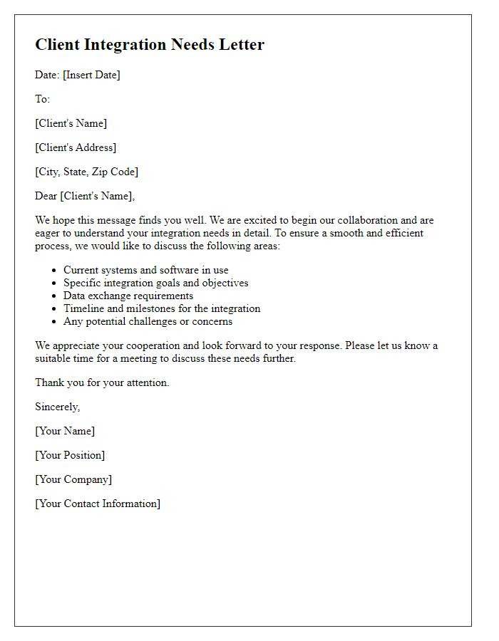 Letter template of client integration needs