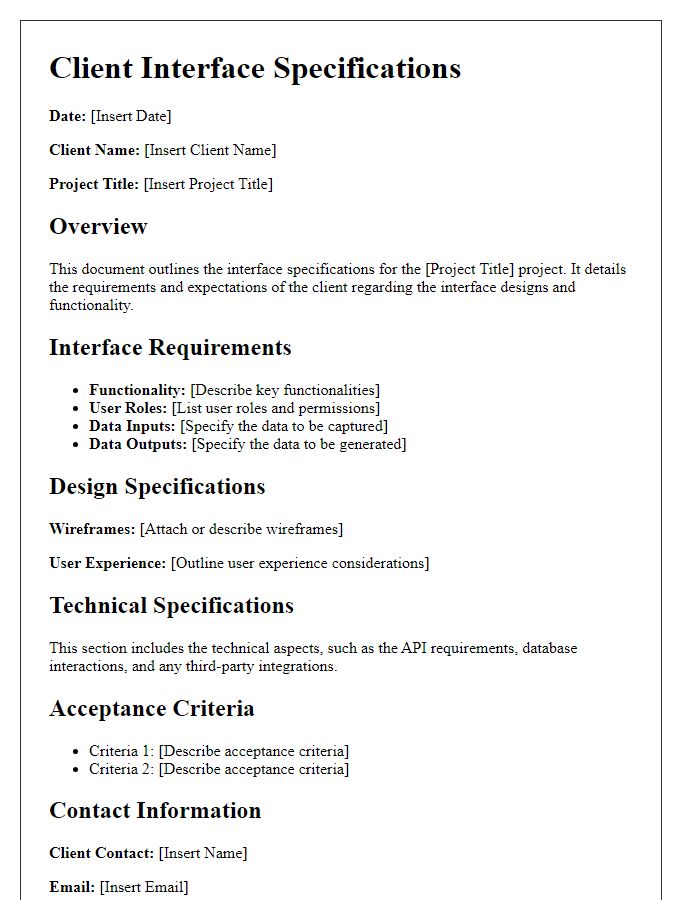 Letter template of client interface specifications