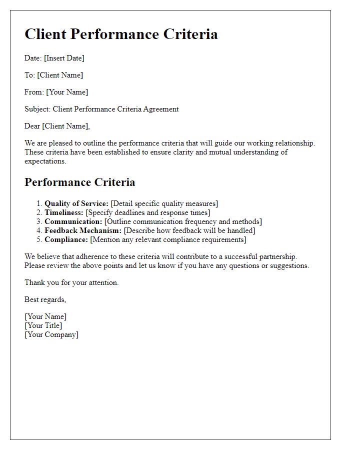 Letter template of client performance criteria