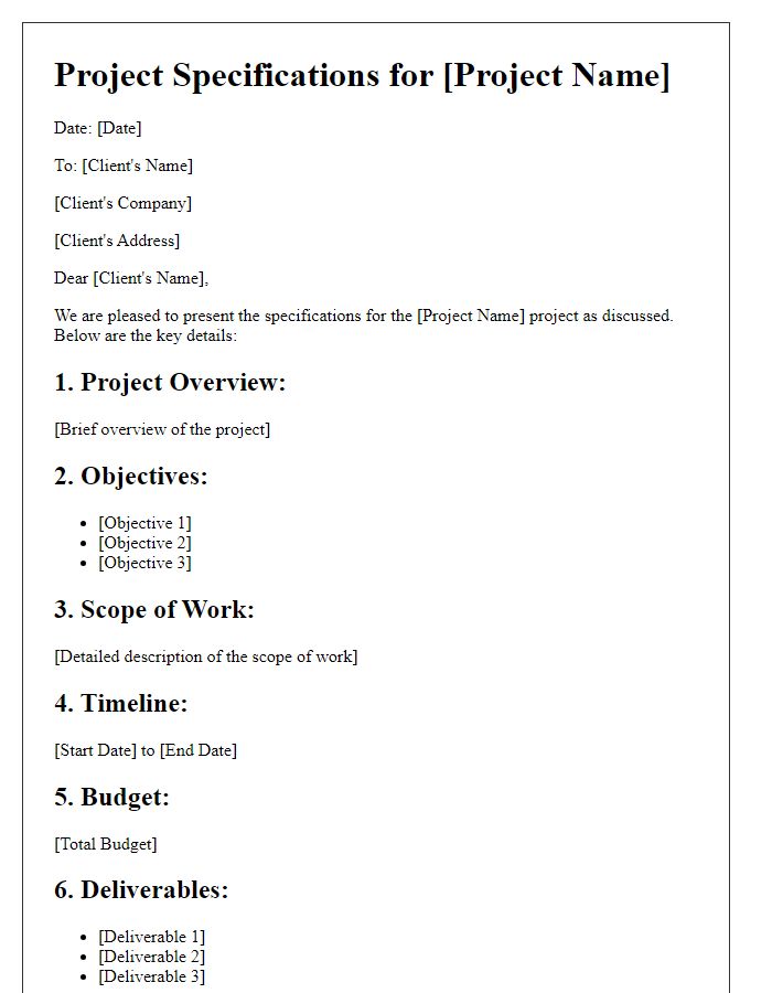 Letter template of client project specifications