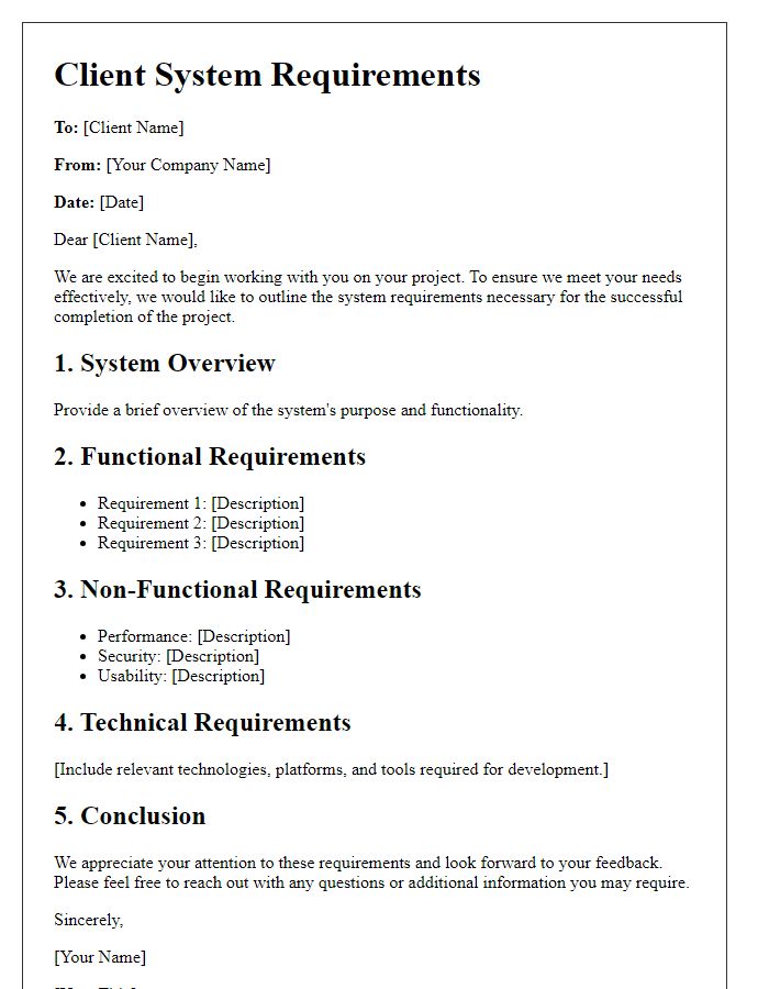 Letter template of client system requirements