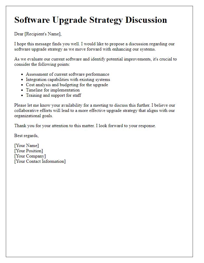 Letter template of software upgrade strategy discussion