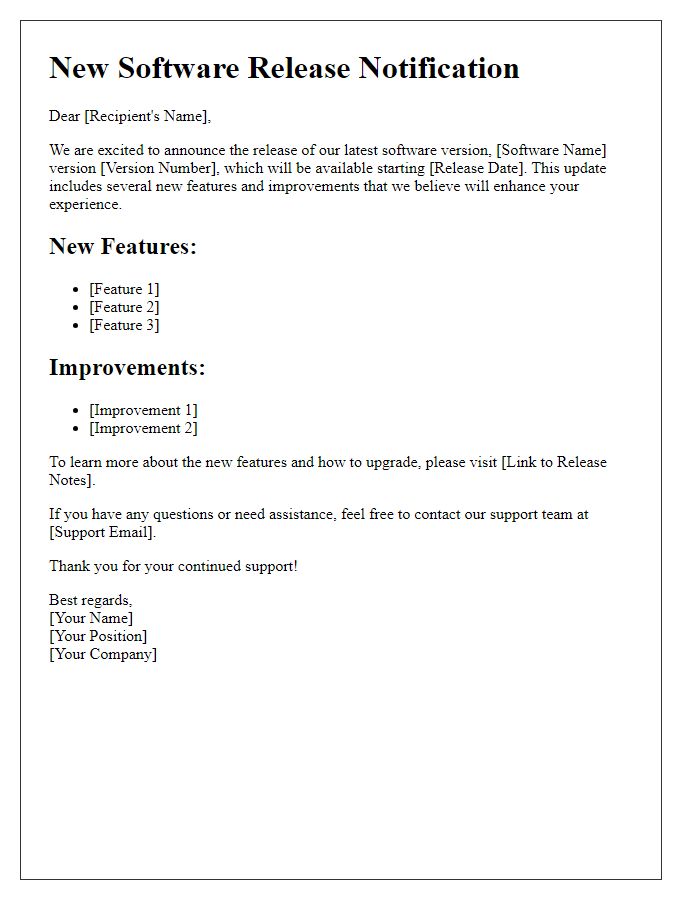 Letter template of new software release notification