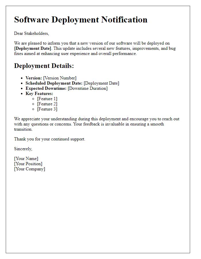 Letter template of software deployment to stakeholders