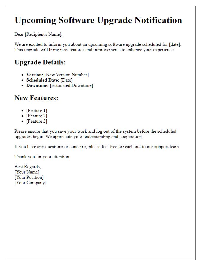 Letter template of upcoming software upgrade details