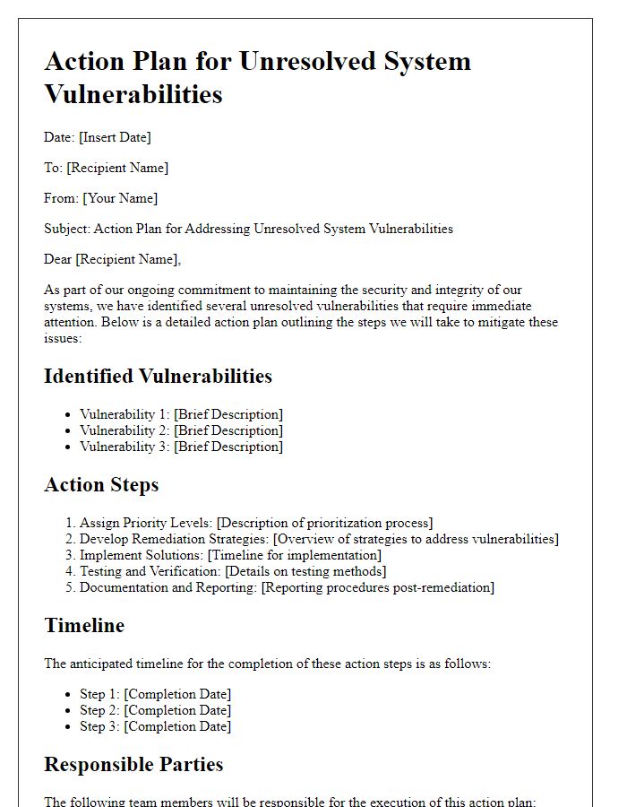 Letter template of action plan for unresolved system vulnerabilities.