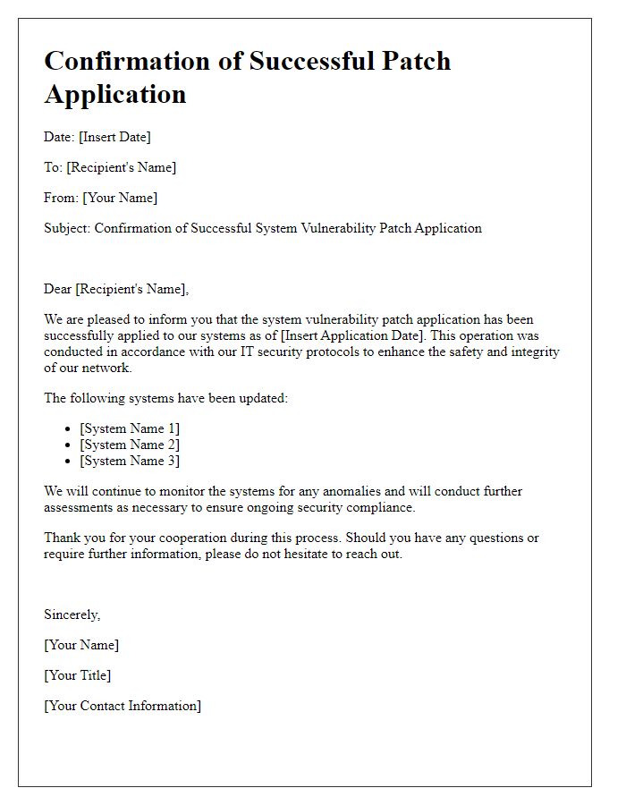 Letter template of confirmation for successful system vulnerability patch application.