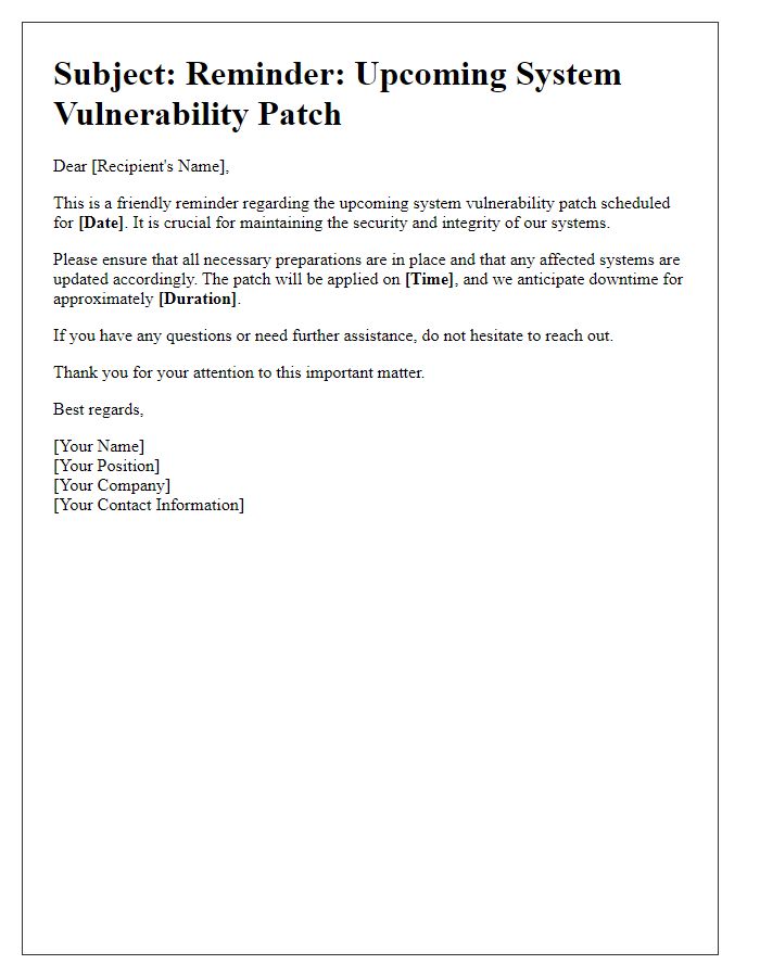 Letter template of reminder for upcoming system vulnerability patch.