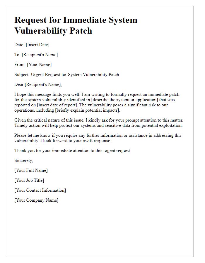 Letter template of request for immediate system vulnerability patch.