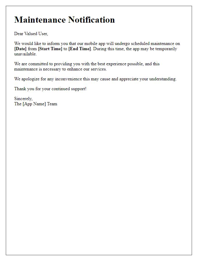 Letter template of mobile app maintenance alert