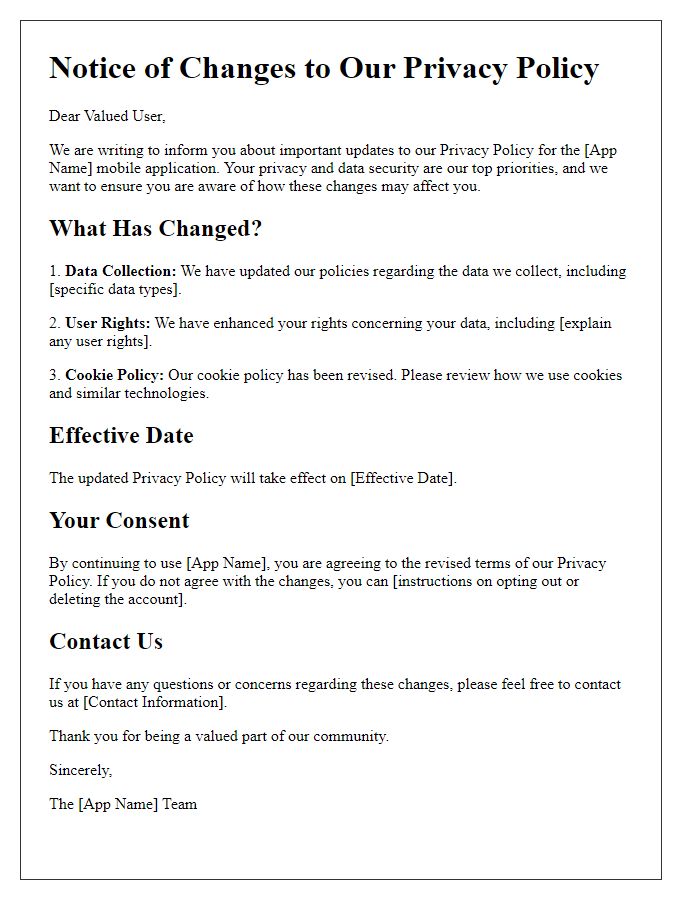 Letter template of mobile app privacy policy change