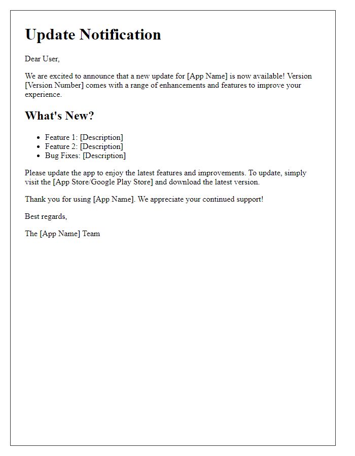 Letter template of mobile app update notification