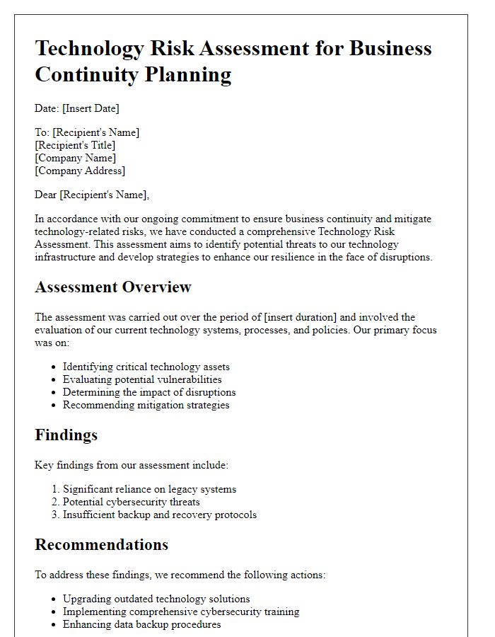 Letter template of technology risk assessment for business continuity planning