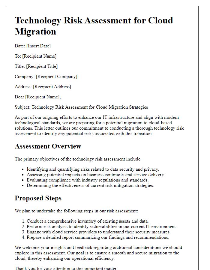 Letter template of technology risk assessment for cloud migration strategies