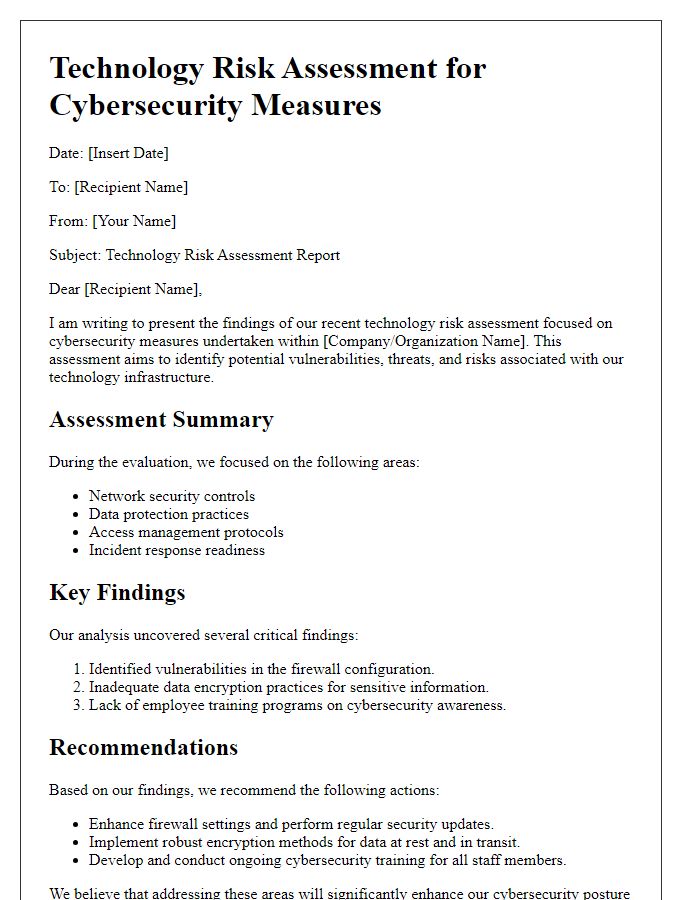 Letter template of technology risk assessment for cybersecurity measures