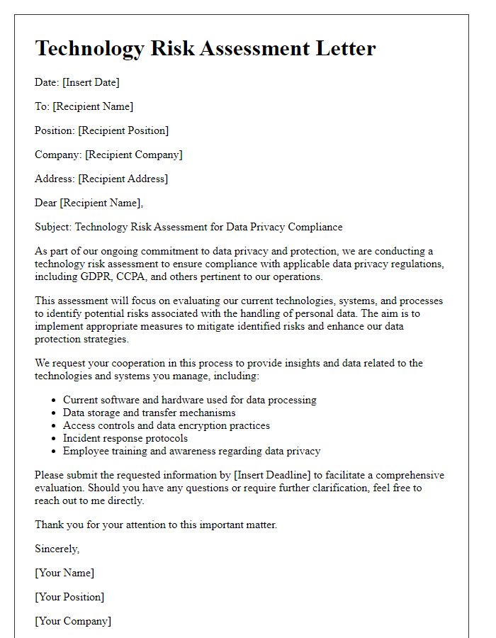 Letter template of technology risk assessment for data privacy compliance