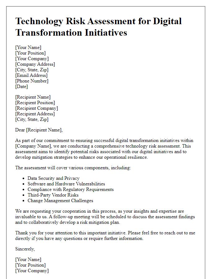 Letter template of technology risk assessment for digital transformation initiatives